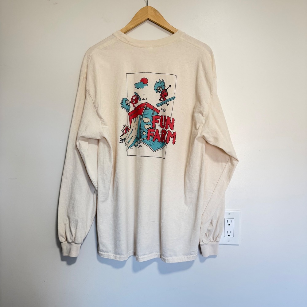 Fun Farm Graphic Long Sleeve T-Shirt Mens Large Cream Skater Tee
